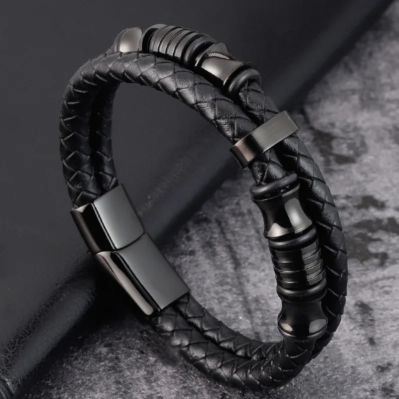 

Premium Quality PVD Black Genuine Leather Men Bracelet Wholesale For Steel Hardware Bangle Jewelry 19cm 21cm