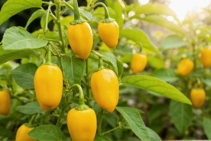Yellow pepper plants growing in a garden with sunlight filtering through the leaves