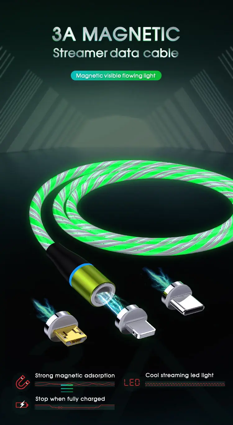 Magnetic USB Charger 1M 3 in 1 USB Charging Data LED Metal Micro USB 6.6ft cable charging for iphone/android - ANKUX.COM
