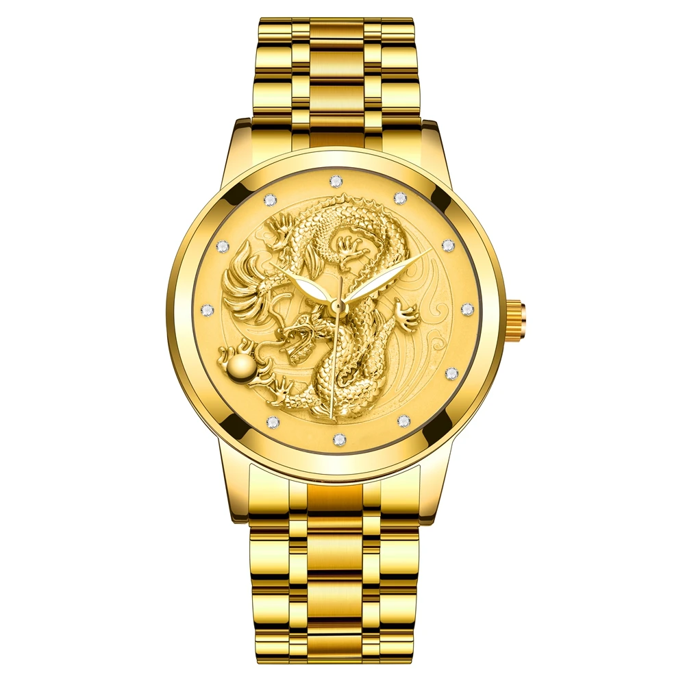 

Watch supplier qianwen Chinese style golden dragon dial alloy strap waterproof men's casual quartz watch