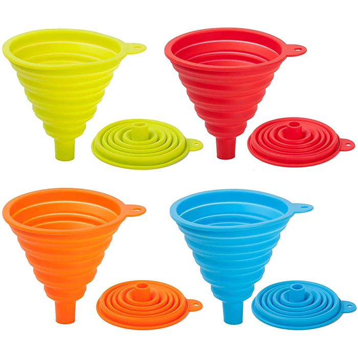 

2021 High quality hot selling food grade silicone kitchen foldable collapsible funnel set, Red,yellow,blue,or customized