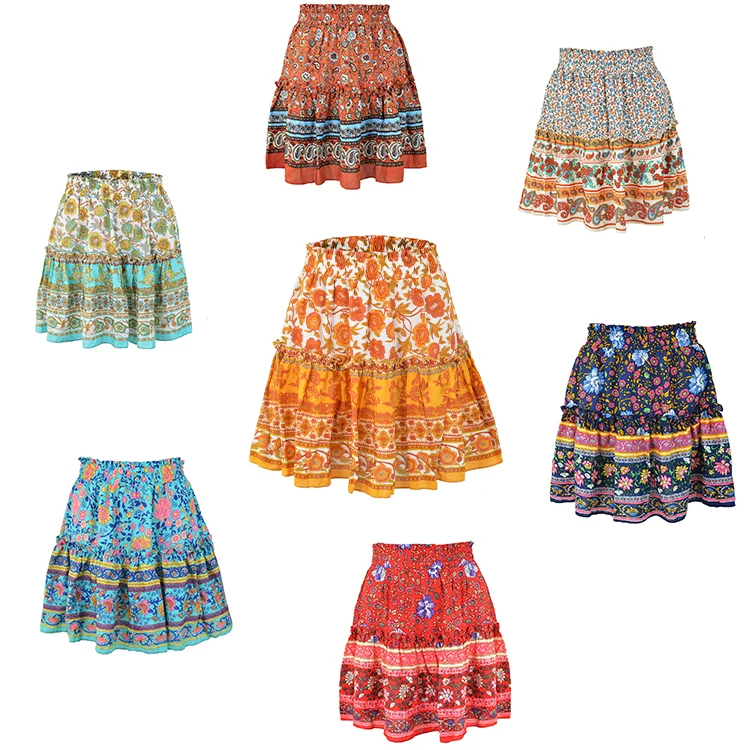 

Wholesale Trendy Ladies Floral Summer Printed Short Ruffle Boho Women's Skirts, 8 colors