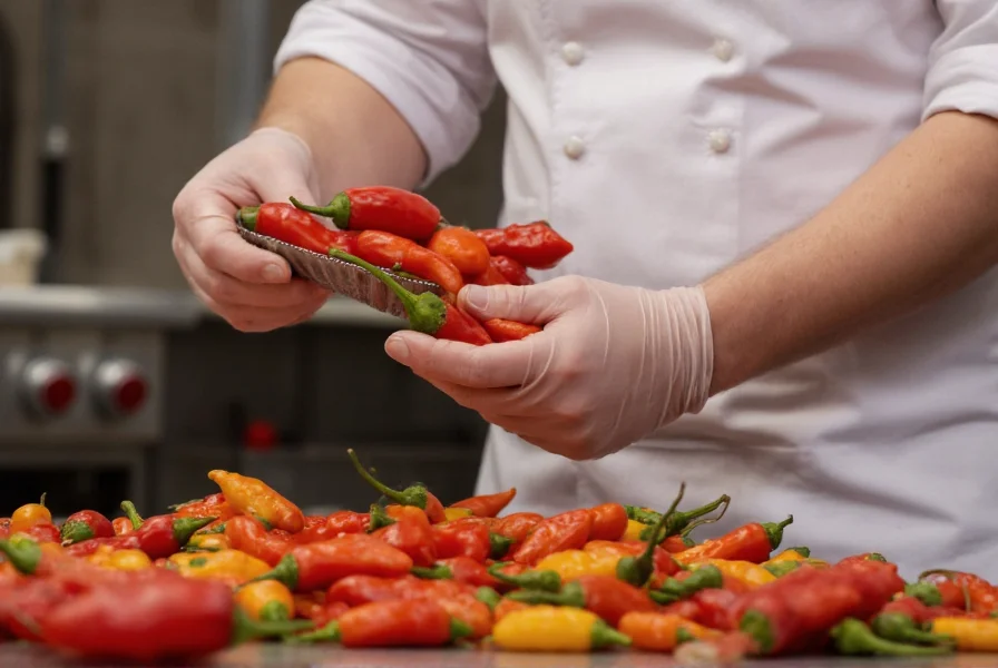 Chef carefully measuring habanero peppers while wearing protective gloves during chili preparation