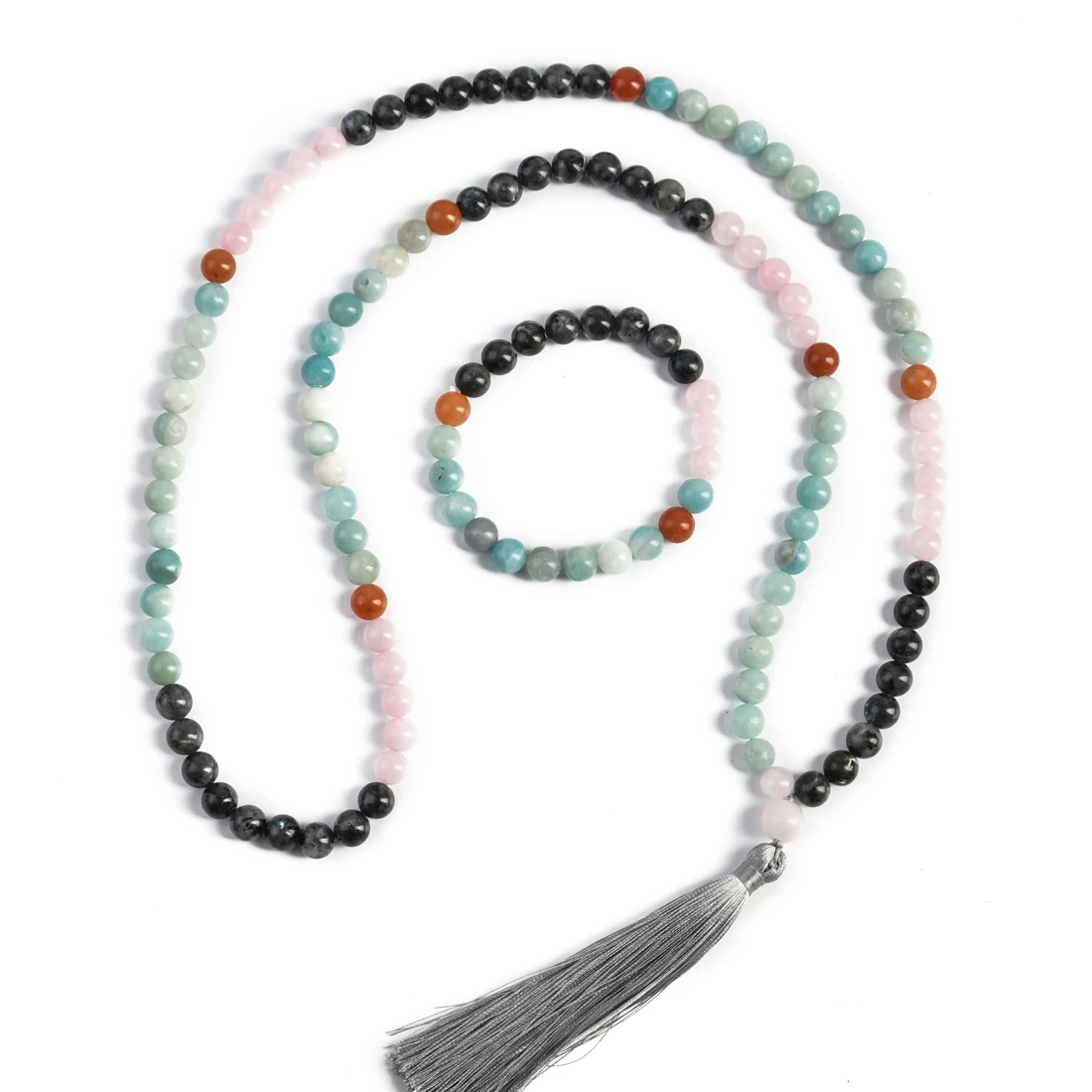 

Women Lariat Bohemian Tribal Jewelry Amazonite Beads Necklace &Bracelet Natural Stone Tassel Yoga Necklaces