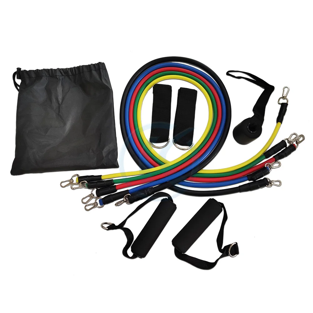 

Portable Exercise 11pcs Fitness Elastic Resistance Bands Set With Foam Handles For Abs, Red, green, blue, black, yellow