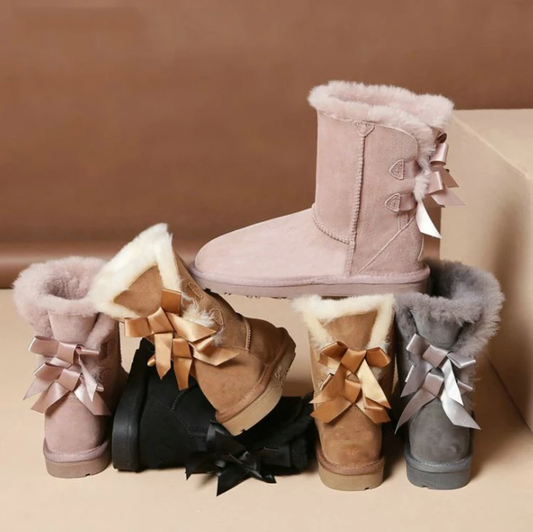 

Factory Direct Wholesale Real Wool Fur Boots Outdoor High Quality Genuine Sheepskin Snow Boots with Bailey Bows for Women, Picture