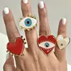 New Adjustable Gold Red Dripping oil Alloy metal Heart Eye Smiley Fashion Rings for women female popular cute eye love gold ring