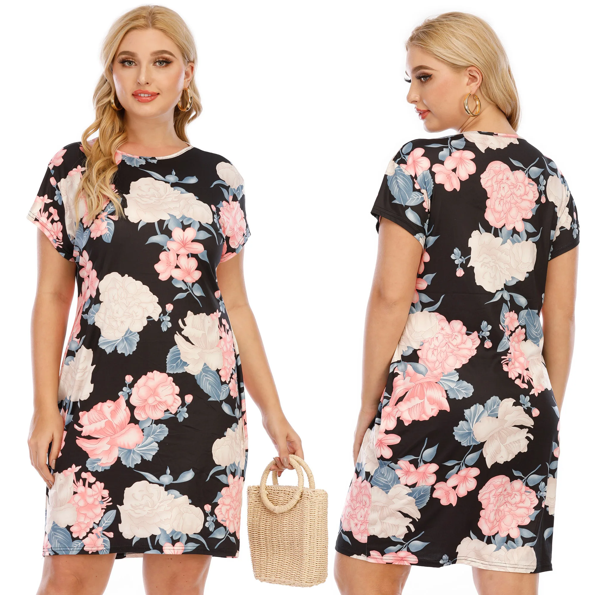 

2021 New Women Plus Size Dress Floral Print Simple Short Sleeve O-neck Casual Midi Dress Sexy Prom Dress