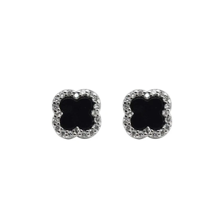 

Fashion Jewelry Needle Four-leaf Clover Stud Earring 925 Sterling Silver Jewelry Black Red Agate Earrings