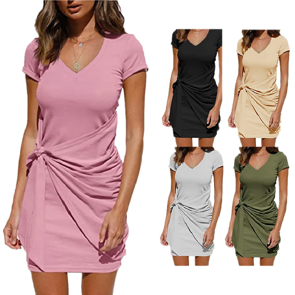 

S21S5016 spring summer V-neck short sleeve knotted commuter dress korean dress women's European style