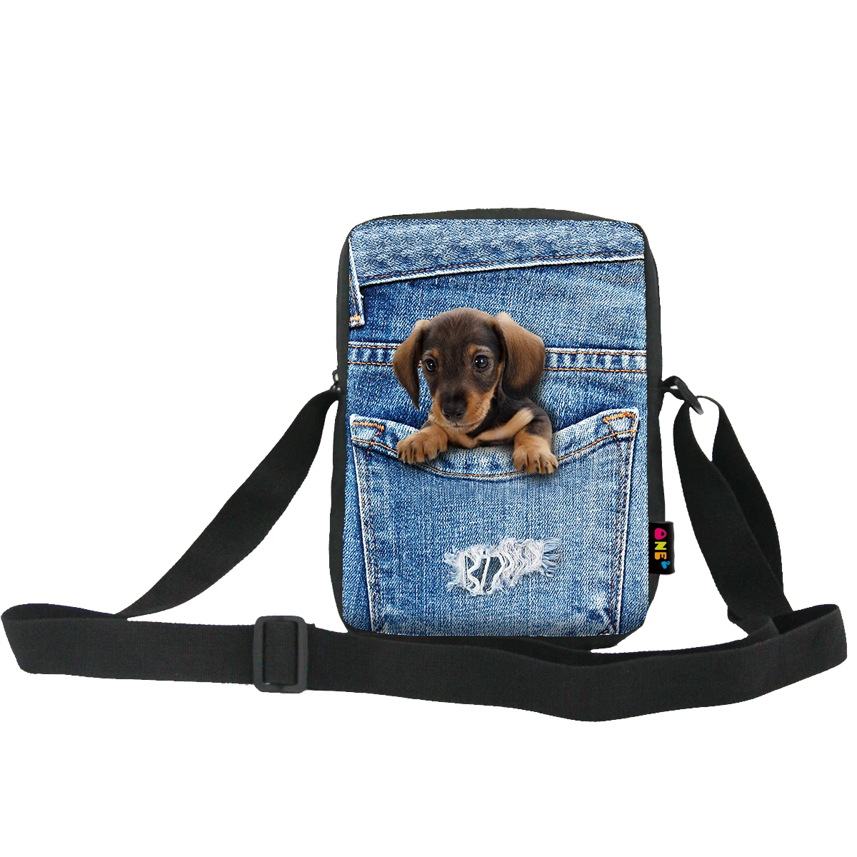 

Cute dog on jeans pocket design printing custom sling bag single shoulder large capacity lightweight bag shoulder, Customized