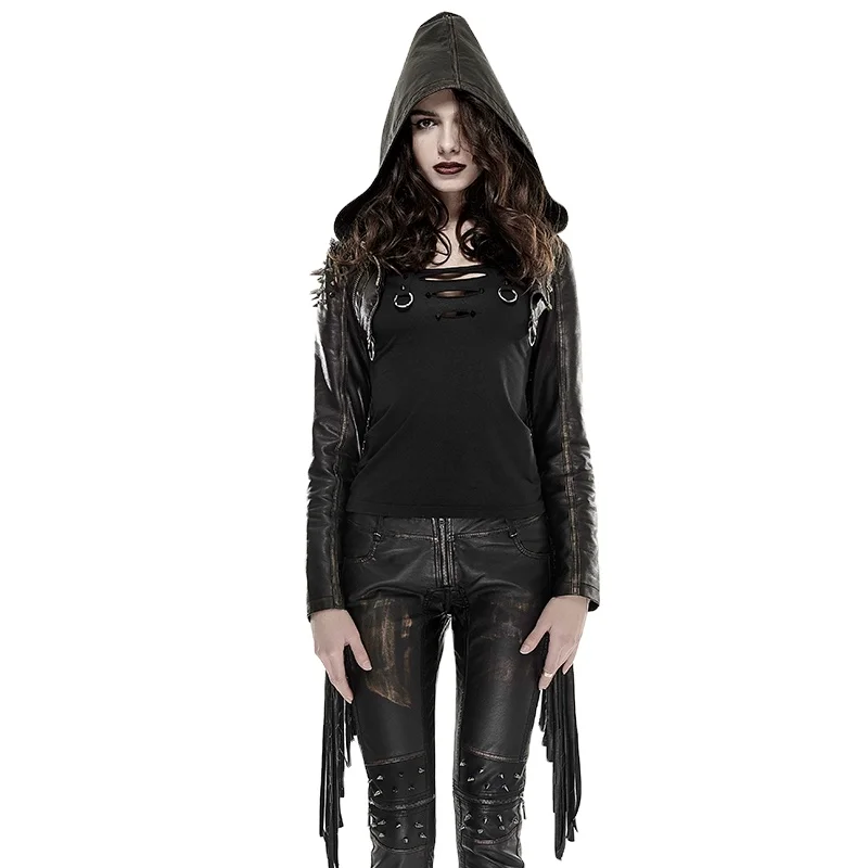 

Punk Rave Gothic Y-667 Tassel Rivets Studded Short Leather Coat with Breathable Hooded Trench Plus Size Coat, Black