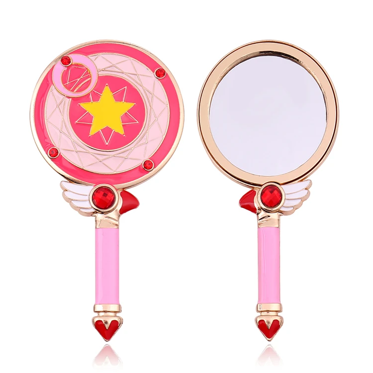 

Cartoon Cardcaptor Sakura Cosplay Metal Portable Makeup Mirror Heart Moon Rod Theme Personal Hand Beauty Mirror