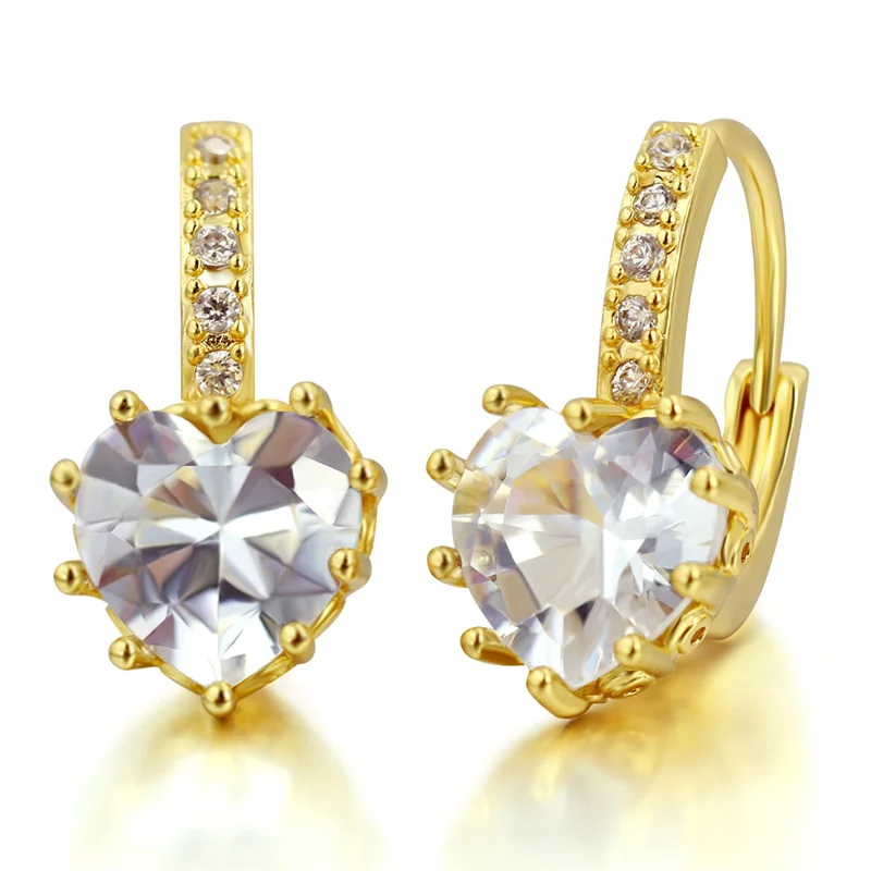 

14k Gold Crystal Cubic Zircon Wave Gemstone Lever Back Heart Charm Earring For Women