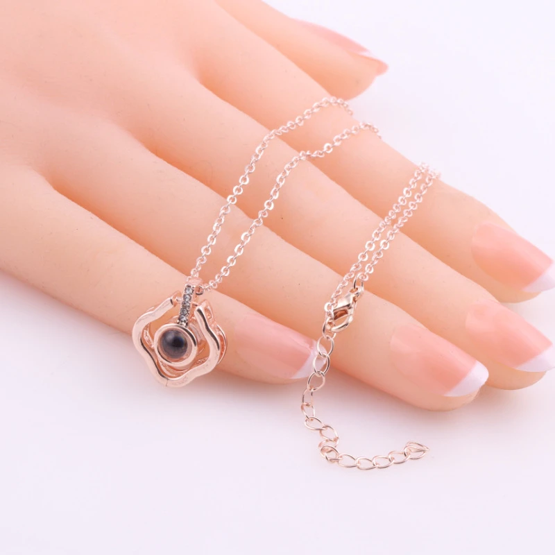 

2 in 1 I L You 100 Languages Light Projection Women Crown Finger Ring Jewelry Drop Shadow Necklace, Rose gold, silver