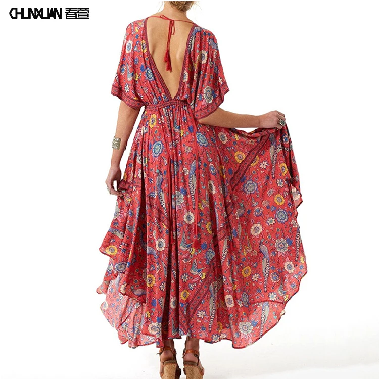 2019 Boho Sexy Red Deep V-neck Backless Chiffon Floral Maxi Dress - Buy ...