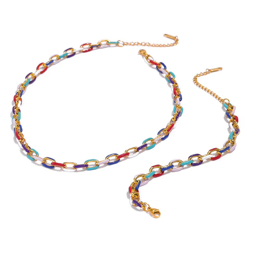 

JINYOU 026 Wholesale Trendy Colorful Jewelry Set Fashion Stainless Steel Enamel Cuban Link Chain Necklace Bracelet Women 2022