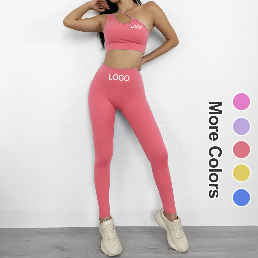 

High Quality Sloping Shoulder High Waist Leggings and Sports Bra Fitness Workout Gym Clothing Womens Yoga Outfits 2 Piece Set