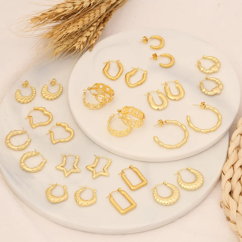 

New Trend 2024 Fashion Classic Non Tarnish Chunky Thick Gold Plated Hoop Earrings Jewelry Women