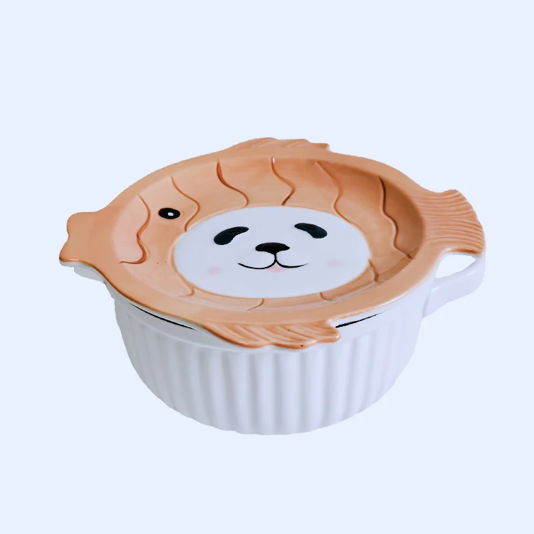 

HY Japanese cartoon Kids porcelain Instant noodle bowl with cover dishes animal design ceramic bowls with lid set home