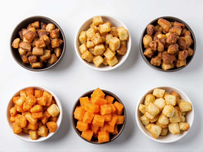 Variety of flavored homemade croutons in small bowls