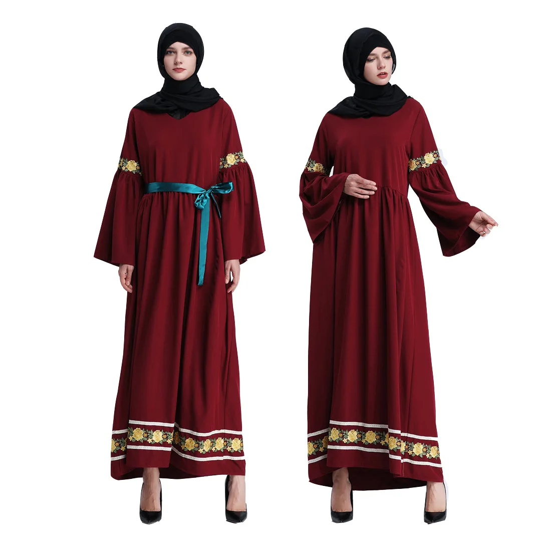 

8013 kuwii Muslin flared sleeve dress women's Arab robe new abaya designs 2021 abaya islamic clothing muslim dress abaya, Burgundy