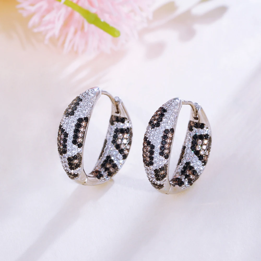 Top Sale Funky Black White Zircon Jewelry Europe America Russia Gold Plated Serpentine Leopard Print Hoop Earrings for Women