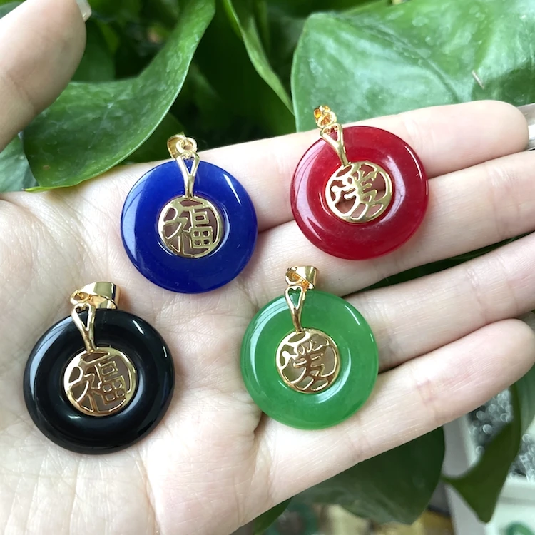 

Jialin best selling 18k gold plated circle fu peace buckle pendant stone jade necklace for gifts