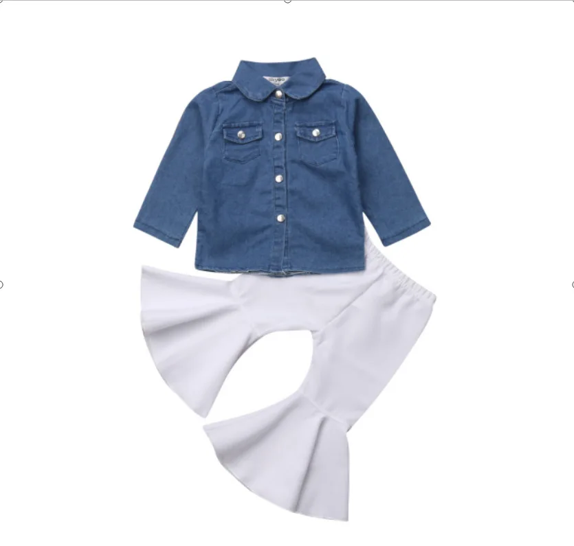 

Hot Sale Spring Cotton Denim Long Sleeve Shirt + White Bell-bottom Trousers Girl Clothes