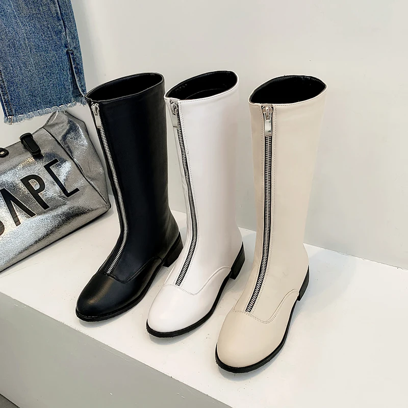 

Hot Women Mid-calf Boots Superfine Fiber Front Zipper Motorcycle Boots for Women Winter Shoes, Black white ecru