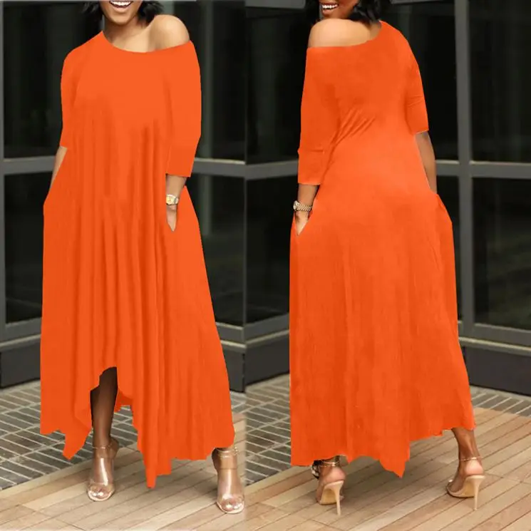 

PEARL High Quality Summer Wide Collar Sloping Shoulder Women Ladies Casual Trregular Solid Loose Maxi Dresses With Pockets