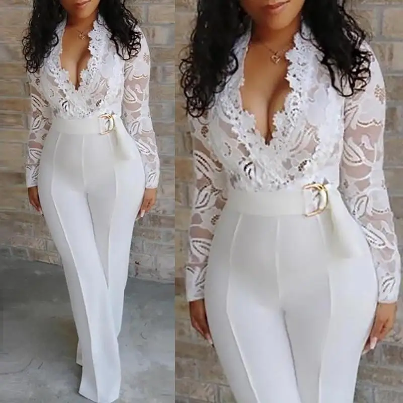 

Dropshipping European and American lace white jumpsuit women office elegent jumpsuit