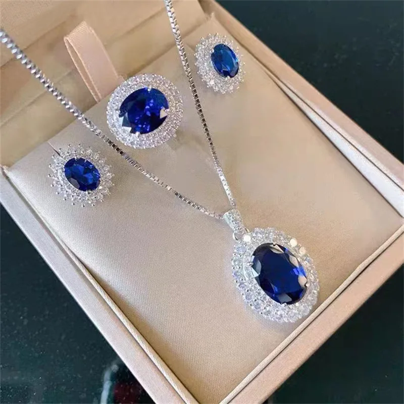 

Classic Oval Sapphire Earring Ring Necklace Set Big Stone Cubic Zirconia Wedding Engagement Jewelry Set for Women