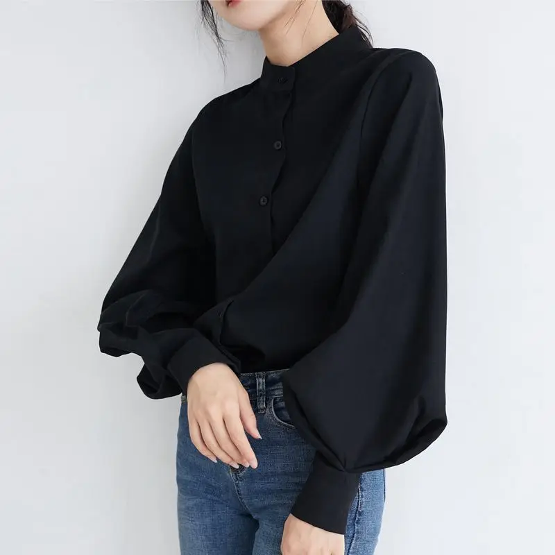 

Lantern Sleeve Blouse Women Autumn Winter Single Breasted Stand Collar Shirts Office Work Blouse Solid Vintage camisas Shirts, Pic