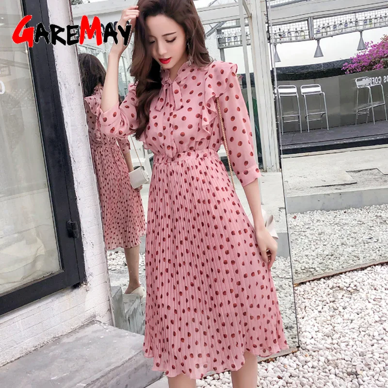 

Womens Long Dresses Casual Summer Elegant Ruffle Vintage Print Dress Korean Style Pink Women's Polka Dot Midi Chiffon Dress