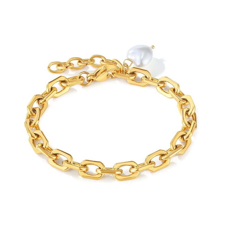 

K086 Hot Selling 18K Gold Plated Chunky Link Chain PVD Stainless Steel Pearl Heart Shape Charm Bracelet Jewelry For Women