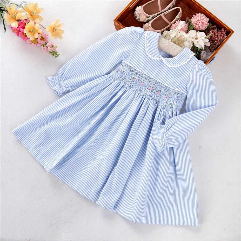

B41570 fall autumn kids clothing flower Floral baby girls smocked dresses long sleeve cotton children clothes wholesale
