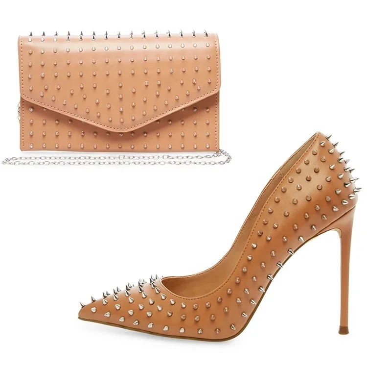 

Customized women's pumps fashion trend models artificial leather sexy rivets ladies shoes with rivet bags, Brown