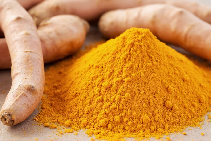 Close-up of fresh turmeric root next to golden powder showing natural source of curcumin
