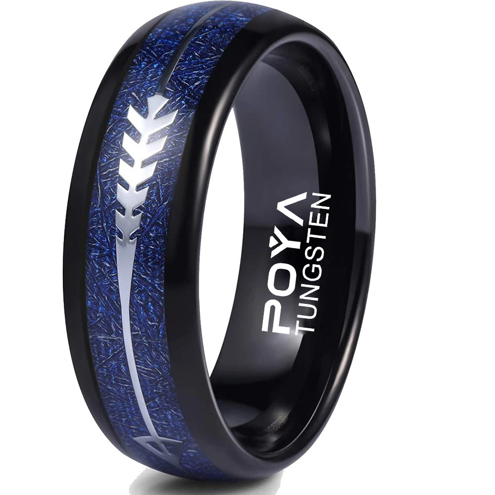 POYA Black Dome Arrow Multidimensional Blue Tungsten Meteorite Koa Wood Inlay Ring 8mm Wedding Band