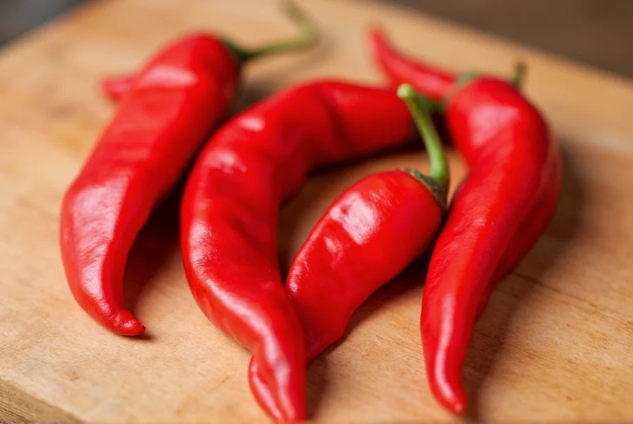 Close-up of red serrano chilies showing their smooth skin and tapered shape on a wooden cutting board