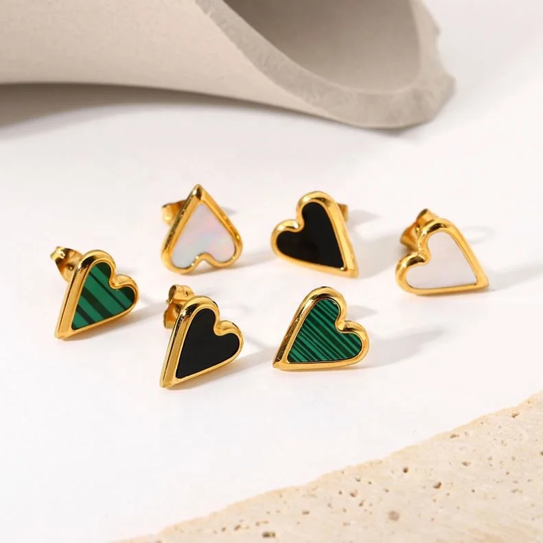 

Natural Stone Malachite Black White Mother of Pearl Love Fashion Jewelry Stainless Steel Heart-shaped Stud Earrings for Women