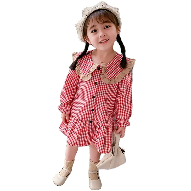 

Autumn new hot selling korean children clothing fashion cute little long-sleeved girl plaid lapel kids dress