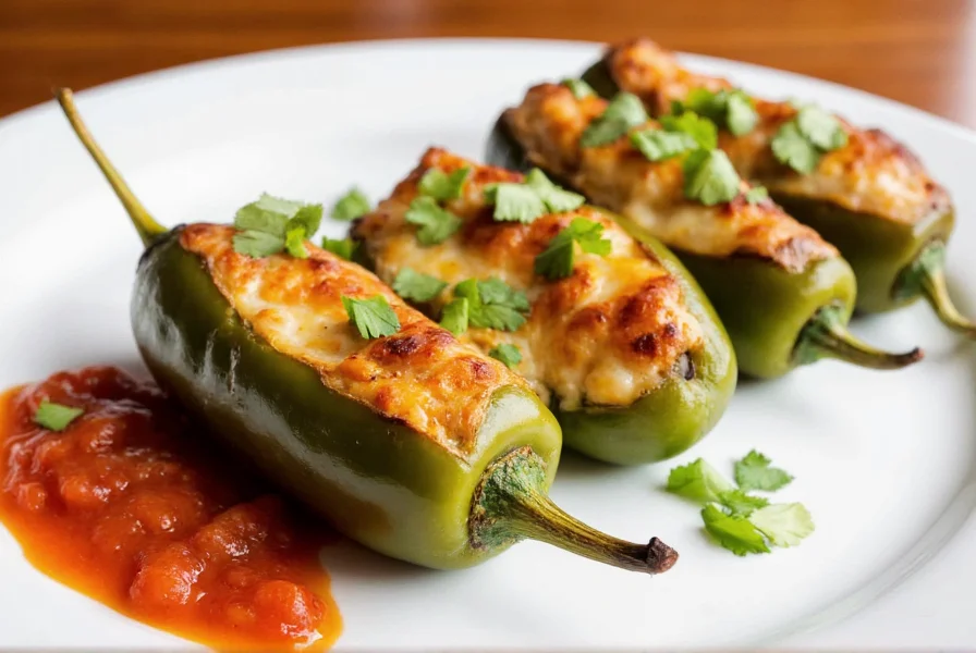 Four perfectly roasted and stuffed poblano peppers on white plate with melted cheese oozing out, garnished with fresh cilantro and accompanied by tomato salsa