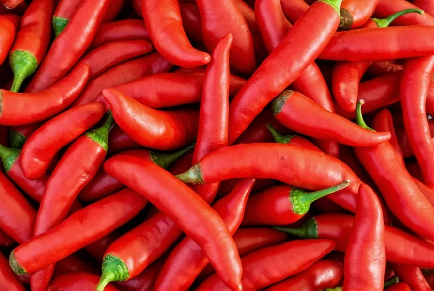 Close-up comparison of fresh cayenne peppers next to jalapeno and habanero peppers showing size and color differences