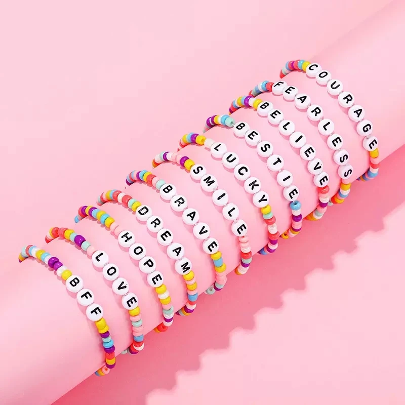 

Fashion Sweet Girls Kids Rainbow Color Bracelet Gifts Handmade Cute Word Letter Elastic Friendship Bracelets