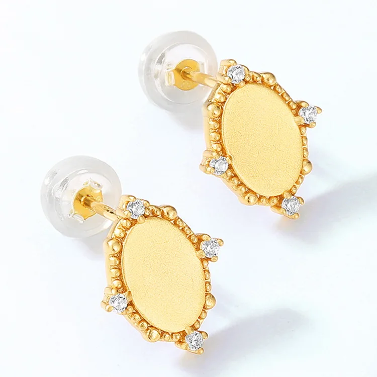 

Vintage Signet Oval Sandblast 14kt Gold Plated S925 Stud Earrings with Zircons