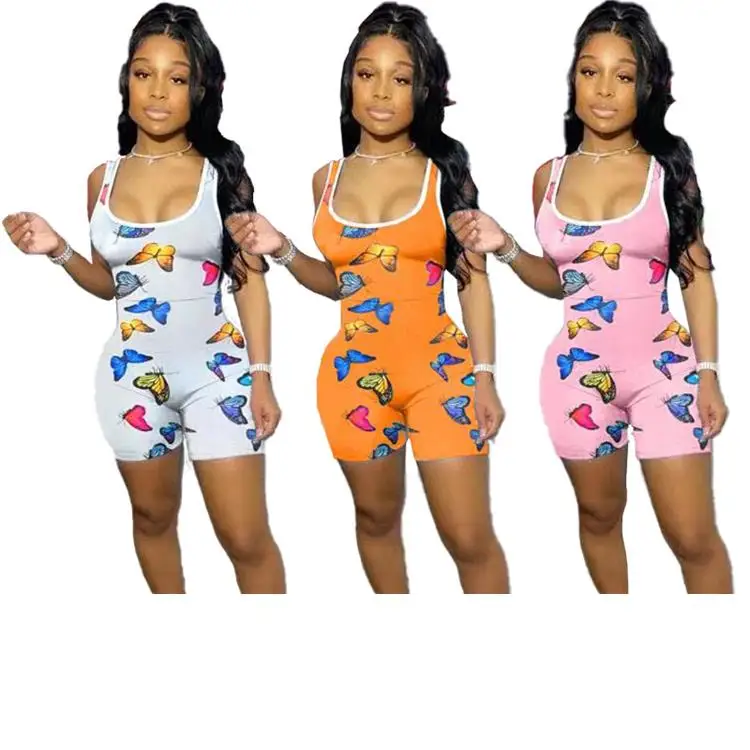 

Lady Rompers Butterfly Printing Stretchy Fitness Wear One Piece Bodycon Summer Women Mini Jumpsuit, Picture