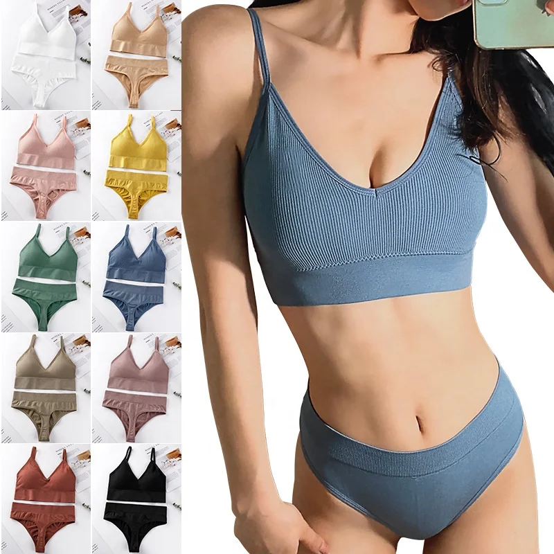

Z049 wholesale bra & brief sets solid lingeries set knitting sports bras V neck women sleepwear underwear fitness bra set, White,skin,pink,yellow, bean paste,green,blue,khaki,caramel,black