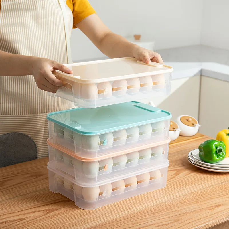 

Kitchen Plastic Egg Tray Holder with Lid Refrigerator Storage Container Stackable Egg Storage Box, Blue/pink/beige/transparent